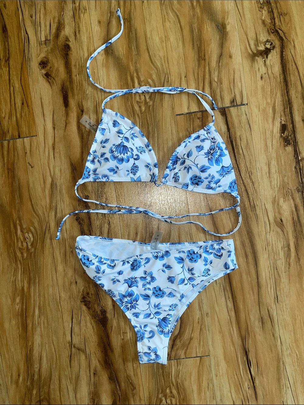 SHEIN White Bikini with Blue Floral Print-never worn